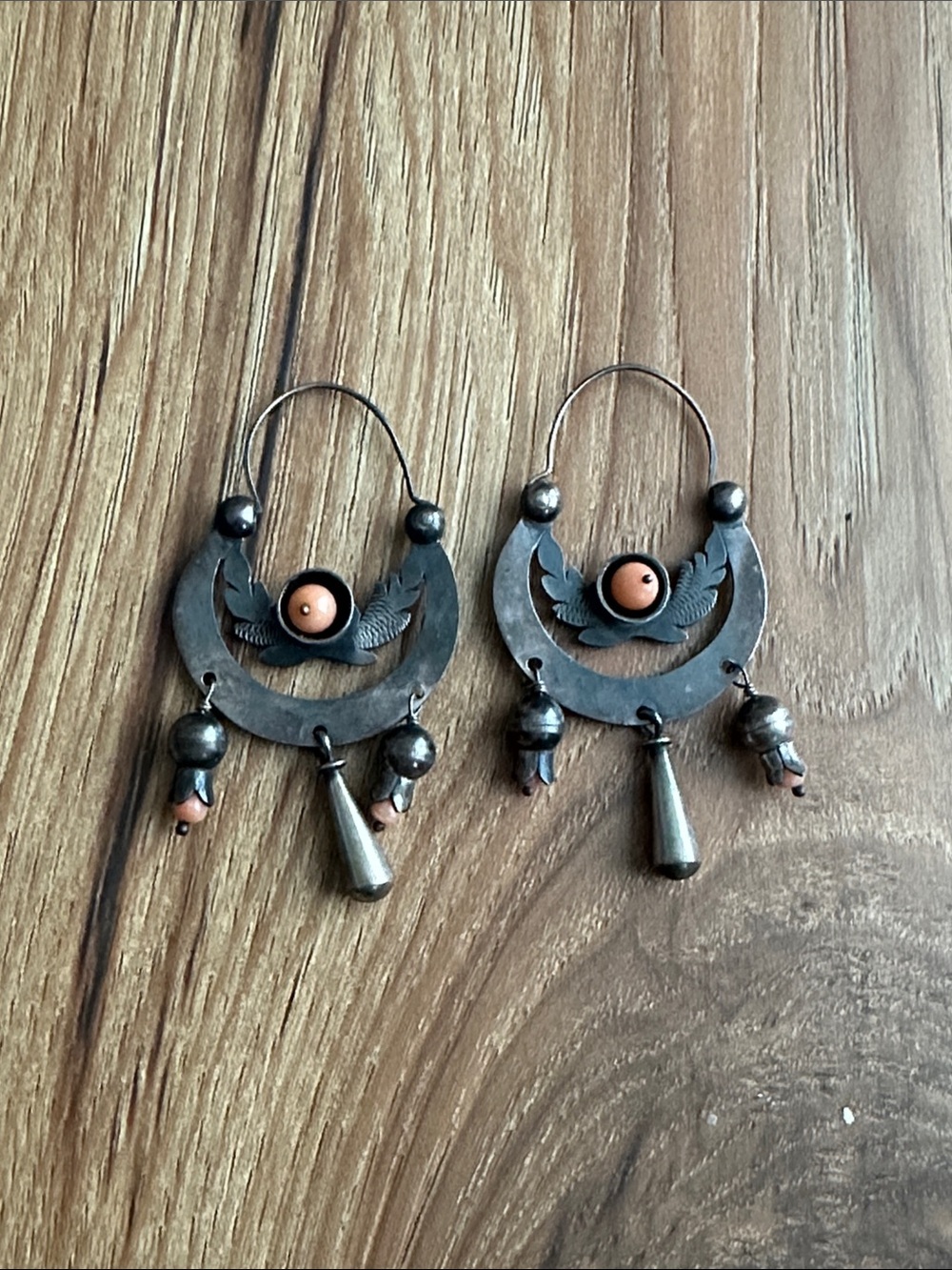 Boho Sterling Silver Mexican Hoop Earrings with Coral Accent Beads